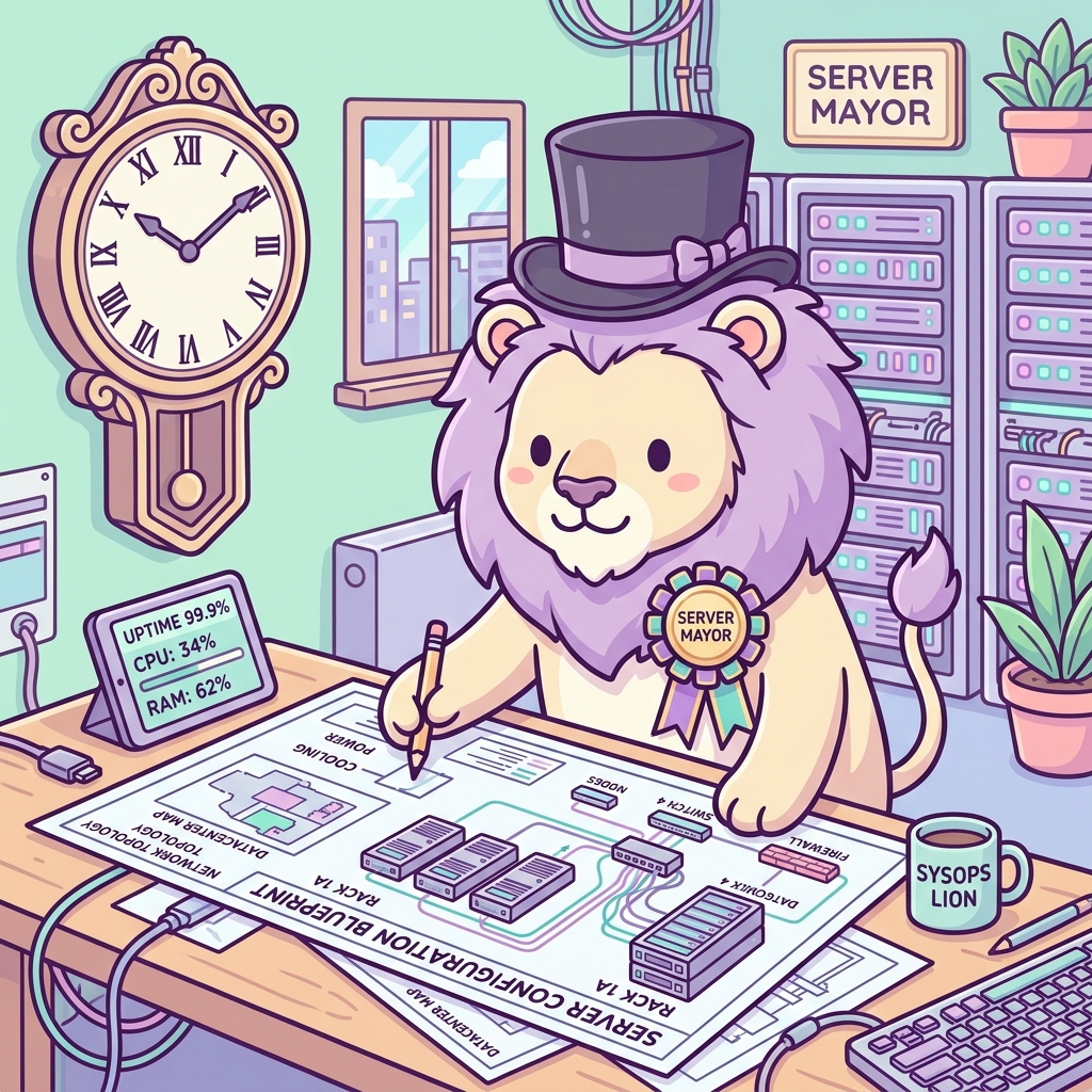 賢い大家ライオンが設計図を見ているイメージ